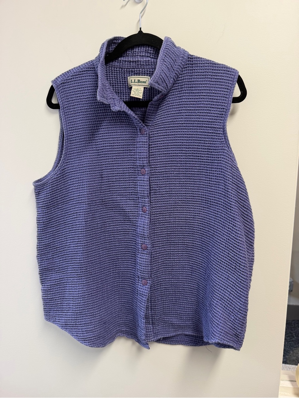 L.L.Bean Women's XL Purple Waffle Knit Cotton Sleeveless Collared Button Top